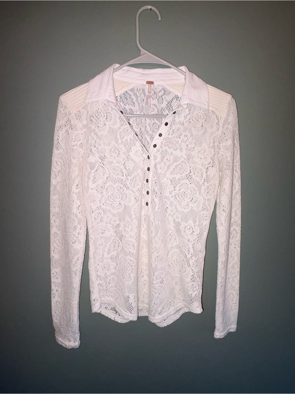 Free People White Lace Long Sleeve Polo Button Top